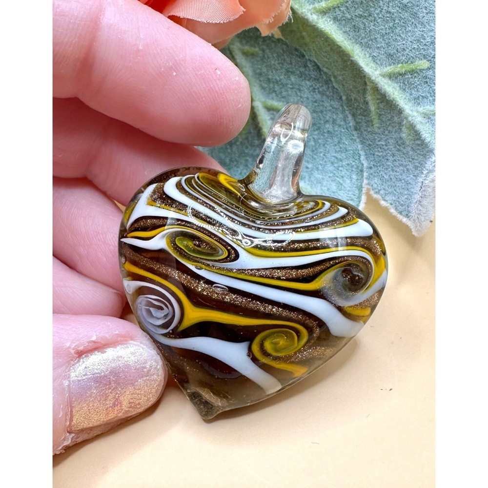Blown Glass Heart Shaped Pendant Brown Gold White